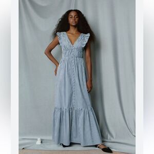 O. P. T.  Stella Blue & White Striped Tiered Ruffle Midi Maxi Dress Size Medium
